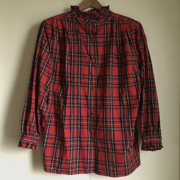 Vintage Plaid Shoulder Pad Cotton Mockneck Button Down Blouse - Picture 1 of 16